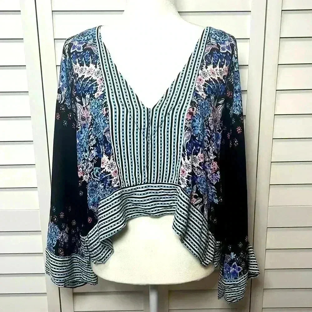 Free People Mix N’ Match V-Neck Boho Floral Oversized Kimono Top Size Small
